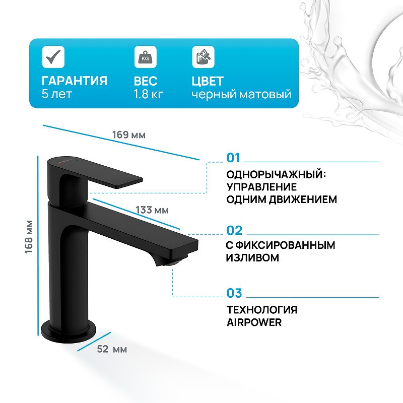 Смеситель для раковины Hansgrohe Rebris E 72557670 черный матовый
