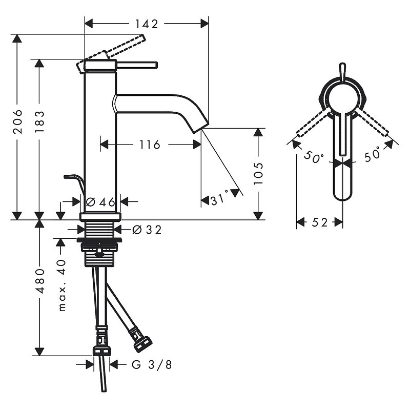Смеситель для раковины Hansgrohe Tecturis S 73310670 черный матовый