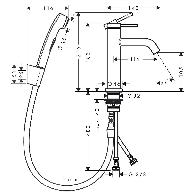 Смеситель для раковины Hansgrohe Tecturis S 73211670 с гигиеническим душем черный матовый